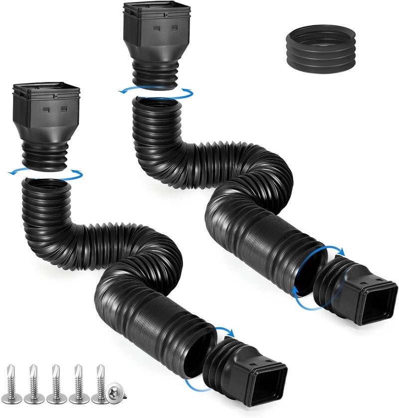 plusgutter 2 Pack Rain Gutter Downspout Extensions, Flexible Downspout Extender with 58"+68" Extendable Pipes for Rain Water Drainage, Durable Down Spout Drain Extension with Connector (Black) - Image 1